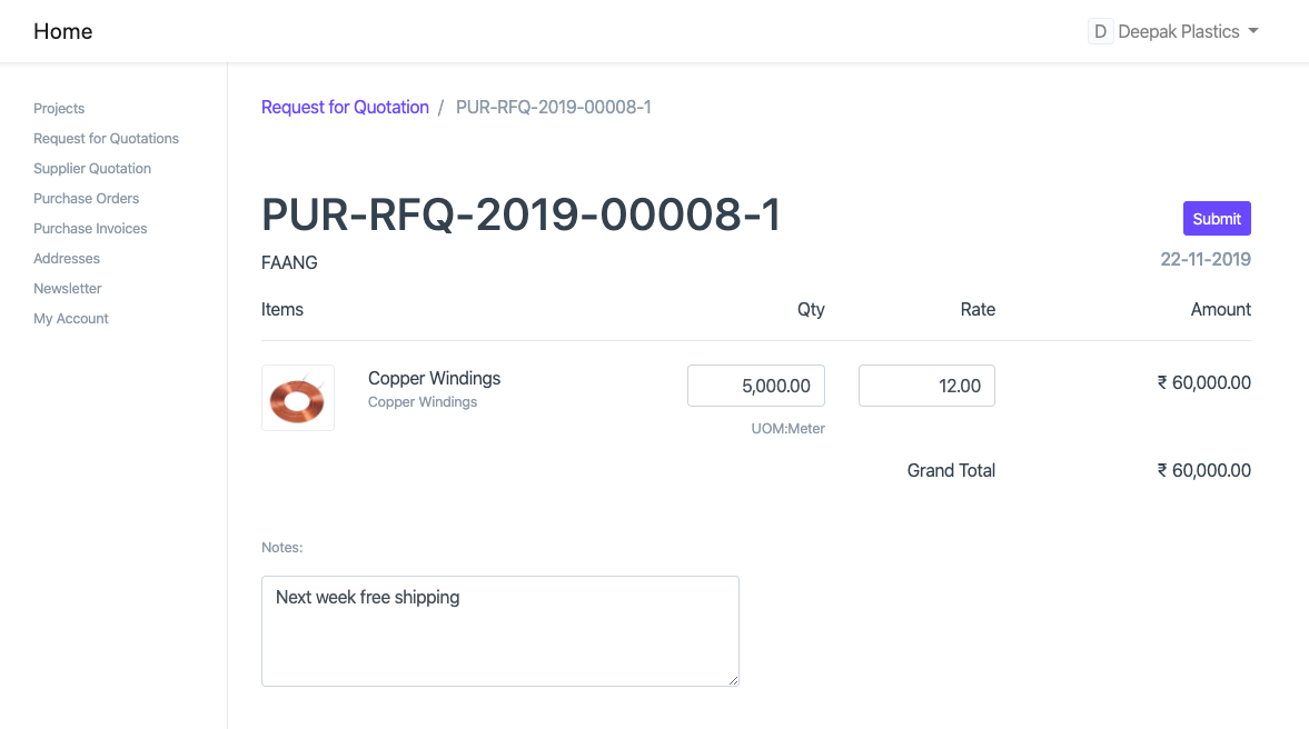 Medical Device Manufacturing ERP - Supplier Portal