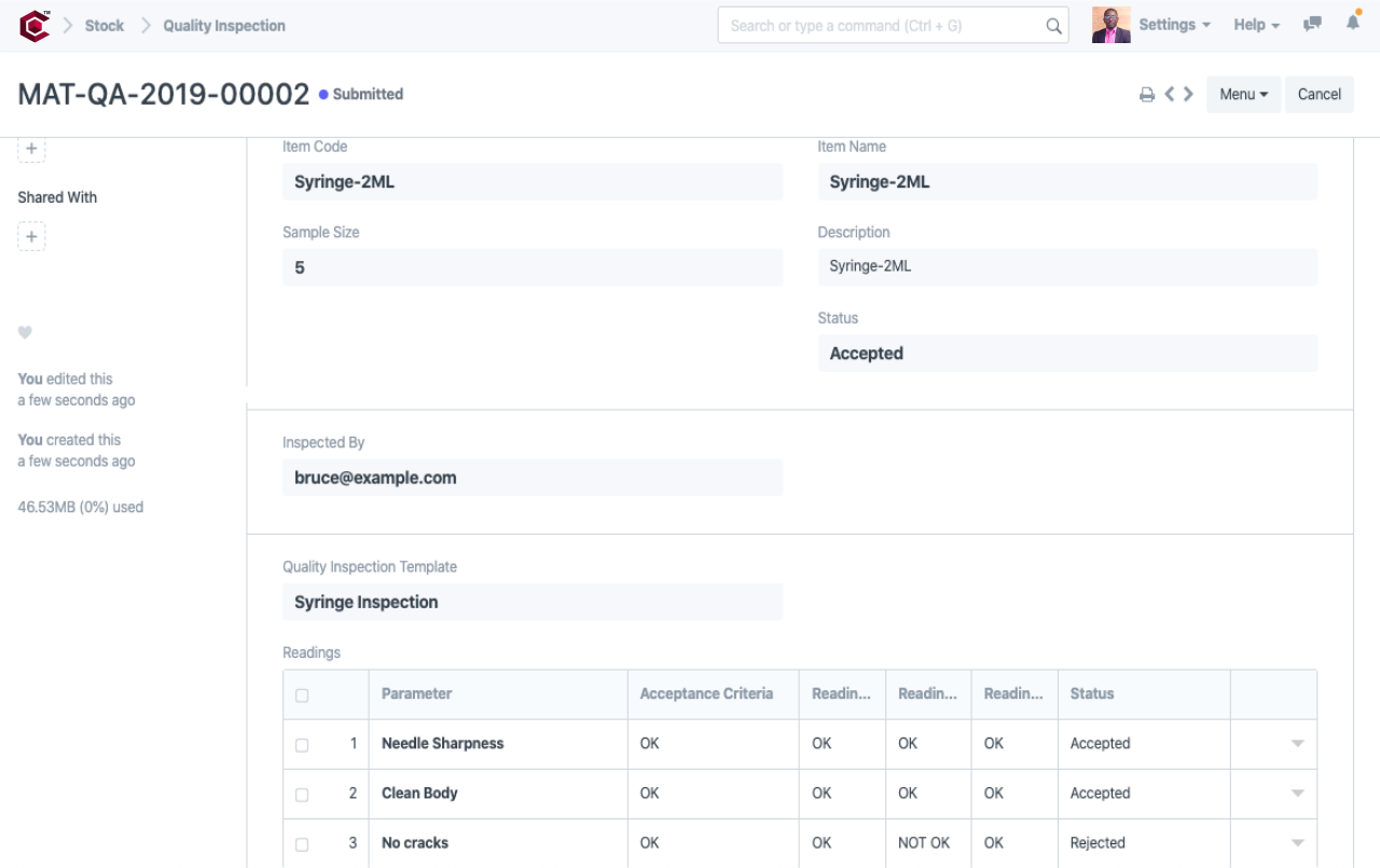 Medical Device Manufacturing ERP - Quality Inspection